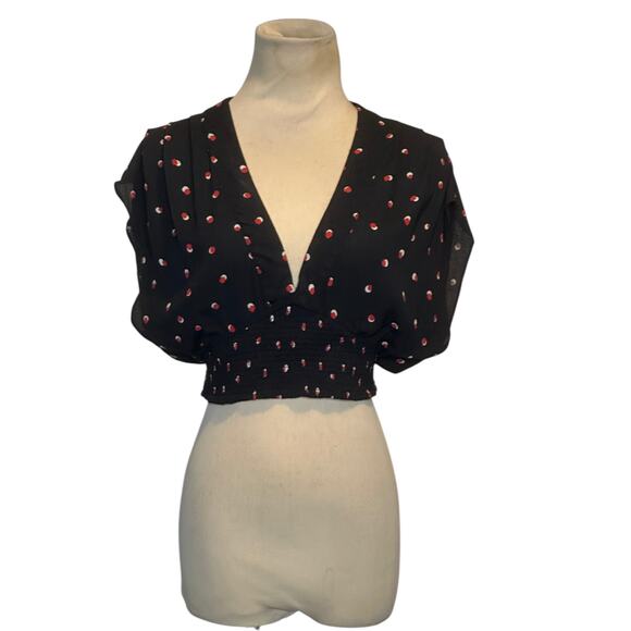 Free People black red polka dot pleated V neck crop top blouse size XS - Picture 10 of 13